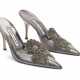 A PAIR OF RHINESTONE-APPLIED SILVER LEATHER MULES - photo 1