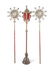 A PAIR OF SPANISH WHITE-METAL, GLASS AND CRIMSON-VELVET POLE LANTERNS A PAIR OF SPANISH WHITE-METAL, GLASS AND CRIMSON-VELVET POLE LANTERNS