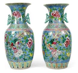 Pair of 'Famille rose'-vase with flower decor and birds on a light blue background Pair of 'Famille rose'-vase with flower decor and birds on a light blue background