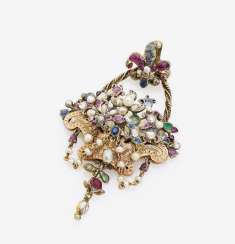 PENDANT IN THE SHAPE OF A FLOWER BASKET WITH DIAMONDS, RUBIES, SAPPHIRES, EMERALDS AND PENDANT IN THE SHAPE OF A FLOWER BASKET WITH DIAMONDS, RUBIES, SAPPHIRES, EMERALDS AND
