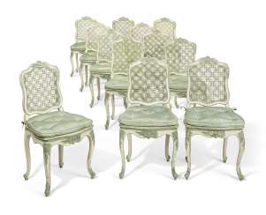 A SET OF TWELVE LOUIS XV GREEN AND WHITE-PAINTED CANED CHAISES A SET OF TWELVE LOUIS XV GREEN AND WHITE-PAINTED CANED CHAISES