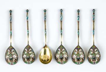 6 silver spoons with elaborate Cloisonné enamel 6 silver spoons with elaborate Cloisonné enamel