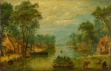 Stalbemt, Adriaen van. Dutch river landscape with farmers ' cottages on the water. Stalbemt, Adriaen van. Dutch river landscape with farmers ' cottages on the water.