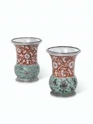 A PAIR OF SILVER-PLATE MOUNTED CHINESE POLYCHROME-ENAMELLED VASES A PAIR OF SILVER-PLATE MOUNTED CHINESE POLYCHROME-ENAMELLED VASES