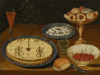 Still life with a pie, a bowl of strawberries and a gilded cup Still life with a pie, a bowl of strawberries and a gilded cup