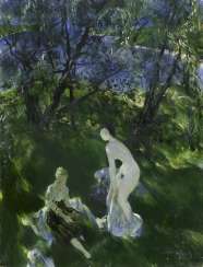 MYLNIKOV, ANDREI (1919-2012) Bathers by the River , signed and dated 1974, also further titled in Cyrillic and dated on the reverse. MYLNIKOV, ANDREI (1919-2012) Bathers by the River , signed and dated 1974, also further titled in Cyrillic and dated on the reverse.