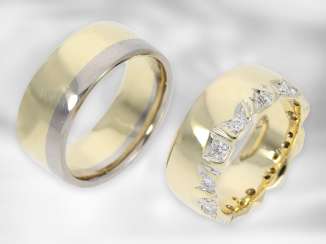 Ring: 2 unique gold wrought rings, 1 yellow gold ring with brilliant-cut diamonds, 1 bicolor ring, 14K gold, made by Hamburg goldsmiths Ring: 2 unique gold wrought rings, 1 yellow gold ring with brilliant-cut diamonds, 1 bicolor ring, 14K gold, made by Hamburg goldsmiths