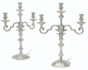 A PAIR OF GEORGE VI SILVER THREE-LIGHT CANDELABRA A PAIR OF GEORGE VI SILVER THREE-LIGHT CANDELABRA