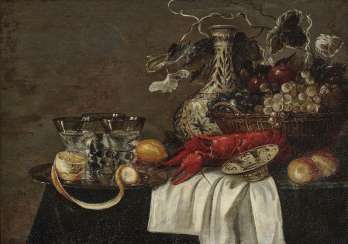 Still life with Lobster, fruit and glasses. On the left at the bottom monogrammed Still life with Lobster, fruit and glasses. On the left at the bottom monogrammed
