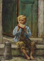 Boy with bread and milk pot Boy with bread and milk pot