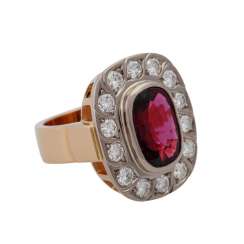 Ring with corundum (probably synthetic) entoured with brilliant-cut diamonds, together approx. 2 ct Ring with corundum (probably synthetic) entoured with brilliant-cut diamonds, together approx. 2 ct