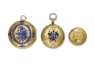 DANIEL DE ST. LEU, 18K GOLD AND ENAMEL OPENFACE PAIR CASED QUARTER REPEATING VERGE WATCH DANIEL DE ST. LEU, 18K GOLD AND ENAMEL OPENFACE PAIR CASED QUARTER REPEATING VERGE WATCH
