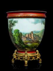 A FRENCH ORMOLU-MOUNTED AND POLYCHROME-PAINTED OPALINE VASE A FRENCH ORMOLU-MOUNTED AND POLYCHROME-PAINTED OPALINE VASE