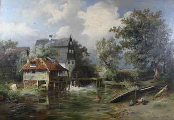 Paul Köster, (Bremen 1855 - 1931 Düsseldorf) Dorflandschaft mit Wassermühle Paul Köster, (Bremen 1855 - 1931 Düsseldorf) Dorflandschaft mit Wassermühle