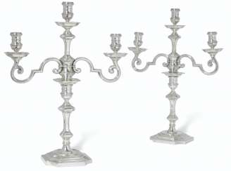 A PAIR OF GEORGE VI SILVER THREE-LIGHT CANDELABRA A PAIR OF GEORGE VI SILVER THREE-LIGHT CANDELABRA