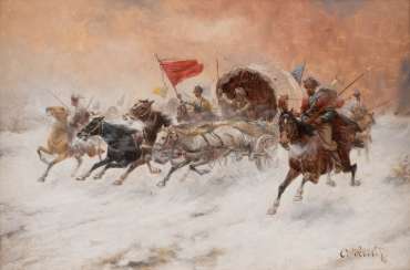 ADOLF BAUMGARTNER (CONSTANTIN STOILOFF) 1850 Linz - 1924 Vienna Couple painting: Cossacks in winter Oil on wooden panel. 31 cm x 47 cm each. One framed behind glass ADOLF BAUMGARTNER (CONSTANTIN STOILOFF) 1850 Linz - 1924 Vienna Couple painting: Cossacks in winter Oil on wooden panel. 31 cm x 47 cm each. One framed behind glass