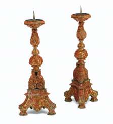 A PAIR OF ITALIAN (TRAPANI) GILT-COPPER AND CORAL-MOUNTED PR... A PAIR OF ITALIAN (TRAPANI) GILT-COPPER AND CORAL-MOUNTED PR...