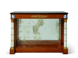 A CHARLES X ORMOLU AND SEVRES-PORCELAIN-MOUNTED SATINWOOD, AMARANTH MARQUETRY AND MARBLE CONSOLE TABLE A CHARLES X ORMOLU AND SEVRES-PORCELAIN-MOUNTED SATINWOOD, AMARANTH MARQUETRY AND MARBLE CONSOLE TABLE