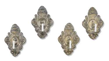A SET OF FOUR NORTH EUROPEAN SILVERED-BRASS GIRANDOLES A SET OF FOUR NORTH EUROPEAN SILVERED-BRASS GIRANDOLES