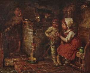Three children in the kitchen, signed lower left. Three children in the kitchen, signed lower left.
