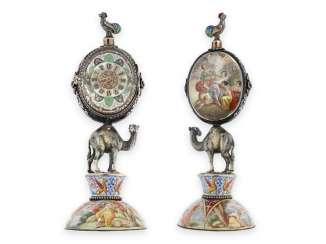 Table clock: large enamelled table clock, around 1800, rare Viennese figure clock in silver Table clock: large enamelled table clock, around 1800, rare Viennese figure clock in silver