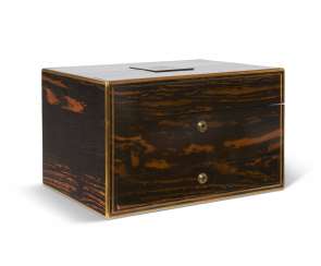 A LATE VICTORIAN BRASS-MOUNTED INDIAN CALAMANDER HUMIDOR A LATE VICTORIAN BRASS-MOUNTED INDIAN CALAMANDER HUMIDOR