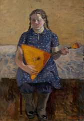 SHEVANDRONOVA, IRINA (1928-1993) Girl with Balalaika , signed and dated 1964, also further signed, titled in Cyrillic, dated and with a pencil drawing of a cart on the reverse. SHEVANDRONOVA, IRINA (1928-1993) Girl with Balalaika , signed and dated 1964, also further signed, titled in Cyrillic, dated and with a pencil drawing of a cart on the reverse.