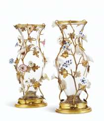 A PAIR OF LOUIS XV ORMOLU, GLASS AND PORCELAIN VASES A PAIR OF LOUIS XV ORMOLU, GLASS AND PORCELAIN VASES