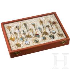Collection of 24 enamelled silver souvenir spoons, German, around 1910 Collection of 24 enamelled silver souvenir spoons, German, around 1910