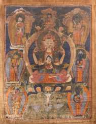 OLD THANGKA WITH the DEPICTION OF the patron Saint of TIBET (TSCHENRESI-AVALOKITESCHVARA) Tibet, 19th century. Century OLD THANGKA WITH the DEPICTION OF the patron Saint of TIBET (TSCHENRESI-AVALOKITESCHVARA) Tibet, 19th century. Century