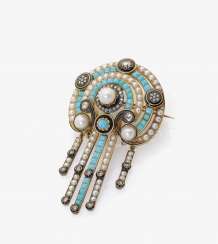 BROOCH WITH PEARLS, TURQUOISE, DIAMONDS, AND ENAMEL . Germany, around 1870 BROOCH WITH PEARLS, TURQUOISE, DIAMONDS, AND ENAMEL . Germany, around 1870