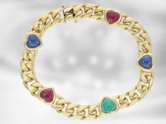 Bracelet: very heavy and solid vintage curb bracelet with color stones in heart shape, brand-name jewellery from the house of Wempe 18K yellow Gold Bracelet: very heavy and solid vintage curb bracelet with color stones in heart shape, brand-name jewellery from the house of Wempe 18K yellow Gold