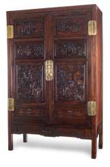 Cabinet made of Hongmu, with eight elaborate carved boxes with figure scene and Antiques Cabinet made of Hongmu, with eight elaborate carved boxes with figure scene and Antiques