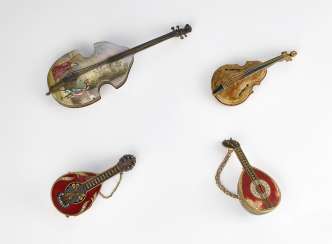 A GROUP OF FOUR INSTRUMENT-SHAPED ENAMELLED VERGE WATCHES A GROUP OF FOUR INSTRUMENT-SHAPED ENAMELLED VERGE WATCHES