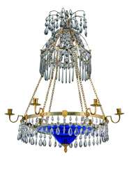 A SWEDISH ORMOLU COBALT BLUE AND CLEAR CUT-GLASS SEVEN-LIGHT CHANDELIER A SWEDISH ORMOLU COBALT BLUE AND CLEAR CUT-GLASS SEVEN-LIGHT CHANDELIER
