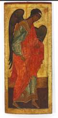 Novgorod School, c. 1500: A highly important large Russian iconostasis church icon depicting the Archangel St. Mikhail. 127.5×55 cm. Novgorod School, c. 1500: A highly important large Russian iconostasis church icon depicting the Archangel St. Mikhail. 127.5×55 cm.