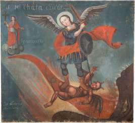 BIG PAINTING WITH THE ARCHANGEL MICHAEL IN THE FIGHT AGAINST THE DEVIL BIG PAINTING WITH THE ARCHANGEL MICHAEL IN THE FIGHT AGAINST THE DEVIL