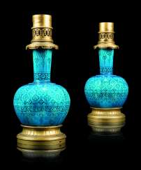 A PAIR FRENCH ORMOLU-MOUNTED PERSIAN BLUE FAIENCE LAMPS A PAIR FRENCH ORMOLU-MOUNTED PERSIAN BLUE FAIENCE LAMPS