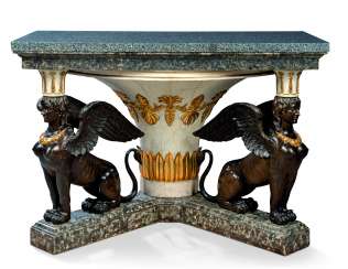 A NORTH ITALIAN PARCEL-GILT, SIMULATED MARBLE AND BRONZED CONSOLE TABLE A NORTH ITALIAN PARCEL-GILT, SIMULATED MARBLE AND BRONZED CONSOLE TABLE