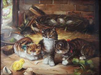 Jan Hovener, (geb. 1936) Drei Kätzchen und Küken Jan Hovener, (geb. 1936) Drei Kätzchen und Küken