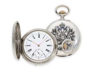 Pocket watch: a silver cased watch with enameled Tsar's eagle, Präsentuhr of the Russian Tsar, Pavel Buhre No. 15828, watchmaker to the court of the Tsar, CA. 1900 Pocket watch: a silver cased watch with enameled Tsar's eagle, Präsentuhr of the Russian Tsar, Pavel Buhre No. 15828, watchmaker to the court of the Tsar, CA. 1900