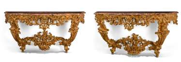 A PAIR OF LOUIS XV GILTWOOD CONSOLE TABLES A PAIR OF LOUIS XV GILTWOOD CONSOLE TABLES