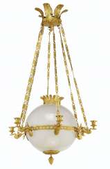 AN EMPIRE-STYLE ORMOLU, ETCHED AND FROSTED GLASS SIX-LIGHT C... AN EMPIRE-STYLE ORMOLU, ETCHED AND FROSTED GLASS SIX-LIGHT C...