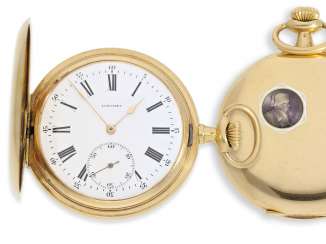 Pocket watch: unique Gold/enamel-Savonnette with iridescent enamel portrait of Napoleon, Anchor chronometer Longines No. 2913187, CA. 1910 Pocket watch: unique Gold/enamel-Savonnette with iridescent enamel portrait of Napoleon, Anchor chronometer Longines No. 2913187, CA. 1910