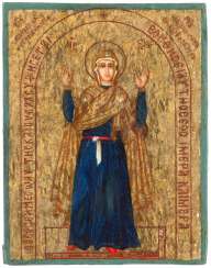 A SMALL ICON WITH THE MOTHER OF GOD 'INDESTRUCTIBLE WALL' 20th century wooden panel with two end faces-Sponki. Oil painting on a chalk background A SMALL ICON WITH THE MOTHER OF GOD 'INDESTRUCTIBLE WALL' 20th century wooden panel with two end faces-Sponki. Oil painting on a chalk background