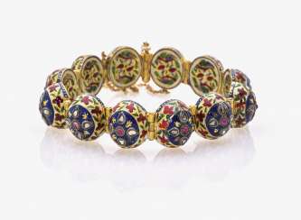 Link bracelet with rubies, rose cut diamonds and enamel Link bracelet with rubies, rose cut diamonds and enamel