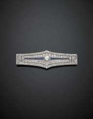 Diamond and sapphire platinum lozenge brooch Diamond and sapphire platinum lozenge brooch