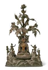 A LARGE AND RARE BRONZE GROUP OF BUDDHA SHAKYAMUNI BENEATH T... A LARGE AND RARE BRONZE GROUP OF BUDDHA SHAKYAMUNI BENEATH T...