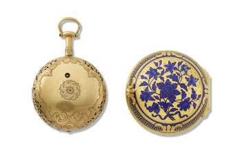 THOMAS MUDGE & WILLIAM DUTTON, 18K GOLD AND ENAMEL OPENFACE QUARTER REPEATING PAIR CASED KEYWOUND VERGE WATCH THOMAS MUDGE & WILLIAM DUTTON, 18K GOLD AND ENAMEL OPENFACE QUARTER REPEATING PAIR CASED KEYWOUND VERGE WATCH