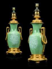 A PAIR OF FRENCH ORMOLU-MOUNTED CELADON-GROUND PATE-SUR-PATE PORCELAIN VASE LAMPS A PAIR OF FRENCH ORMOLU-MOUNTED CELADON-GROUND PATE-SUR-PATE PORCELAIN VASE LAMPS